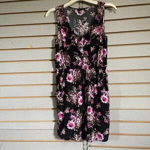 Timing Small Black Floral Tank Dress Ruffle‎ Neck Above Knee Length Pockets